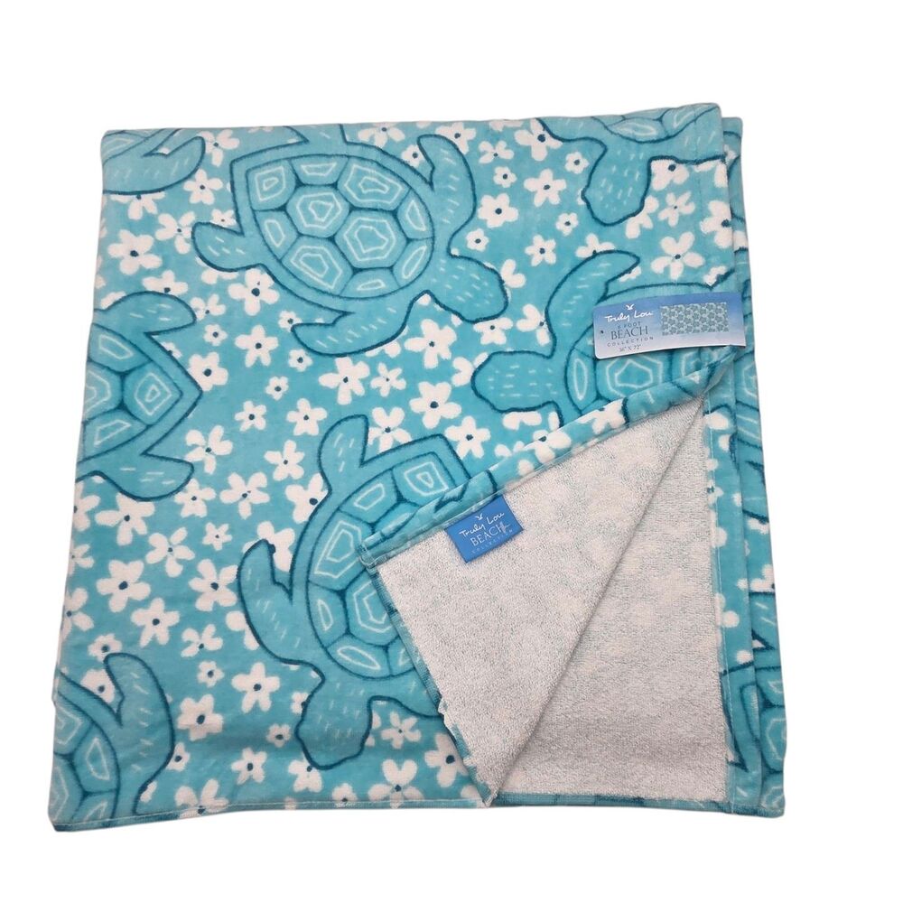 Truly Lou Oversize Beach Towel Sea Turtle Aqua‎ Cotton Absorbent 36x72 Pool Spa